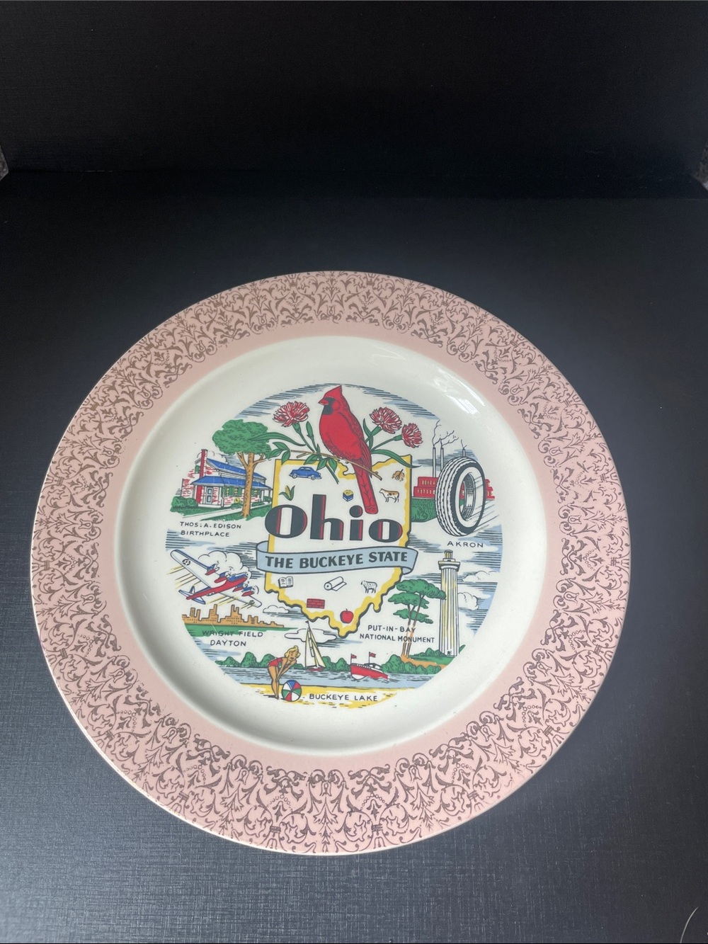 Vintage Homer Laughlin Ohio Buckeye State Plate With Gold Design On Pink Rim